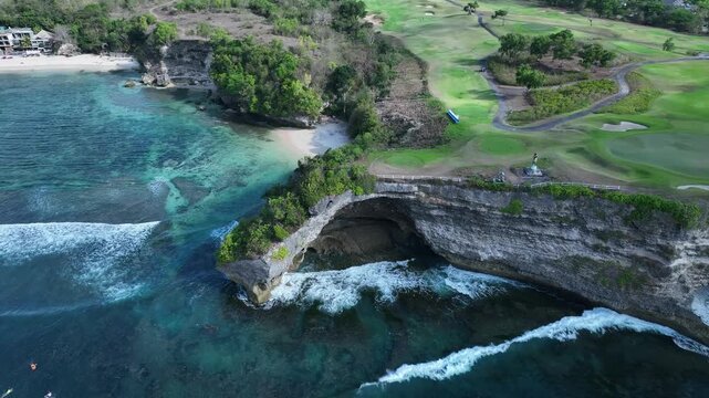 Aerial view of natural landscape of Kubu beach and cliff in Bali island, Indonesia