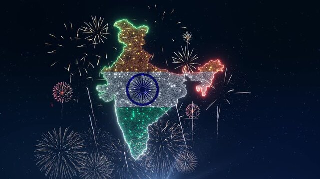 India map with tricolor flag colors and fireworks at night