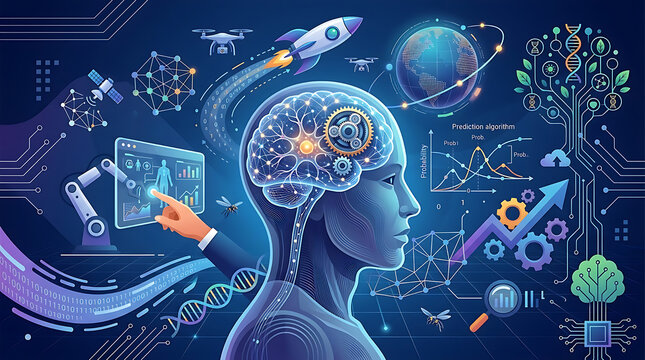 Futuristic vector illustration of human head with glowing digital brain, gears, and neural network. Surrounded by AI technology elements like robot arm, drone, rocket, satellite, DNA, data graph, pred
