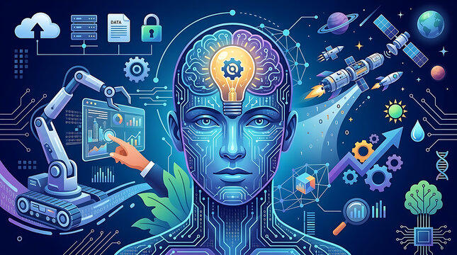 Futuristic vector illustration of human head with glowing digital brain, gears, and neural network. Surrounded by AI technology elements like robot arm, drone, rocket, satellite, DNA, data graph, pred