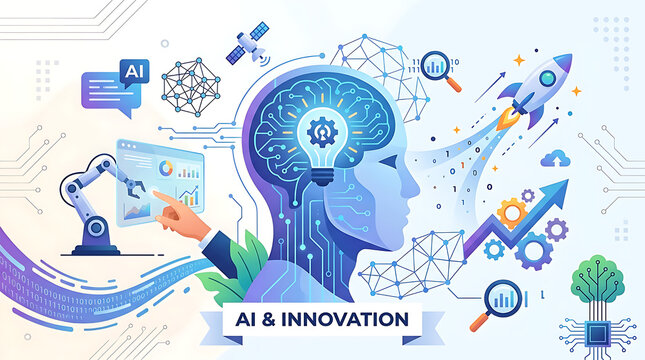 Futuristic vector illustration of human head with glowing digital brain, gears, and neural network. Surrounded by AI technology elements like robot arm, drone, rocket, satellite, DNA, data graph, pred
