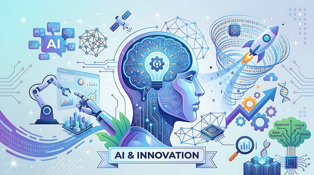 Futuristic vector illustration of human head with glowing digital brain, gears, and neural network. Surrounded by AI technology elements like robot arm, drone, rocket, satellite, DNA, data graph, pred