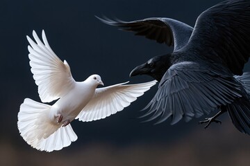 Obraz premium Symbolic Contrast: Majestic White Dove in Flight Confronts a Dark Raven Against a Moody Sky