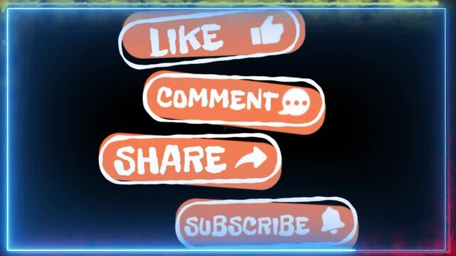 Social media buttons with neon frames on a dark background