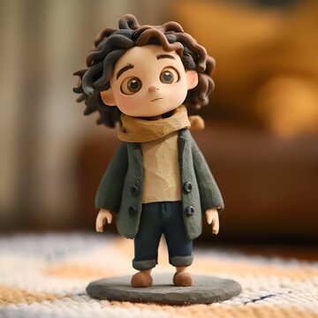 Handmade Clay Miniature Figure of Boy with Curly Hair in Green Coat and Scarf, Claymation Style