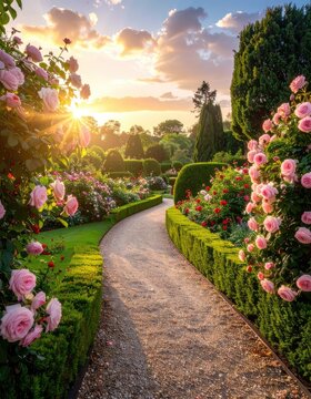 A picturesque garden path winds through blooming roses at sunset.