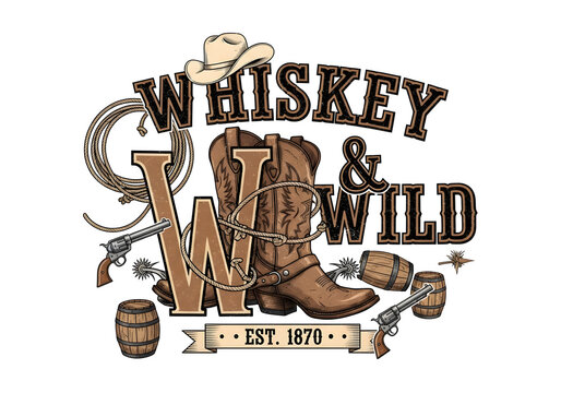 Illustrated whiskey bottle, cowboy boots, and wild west text in distressed vintage style