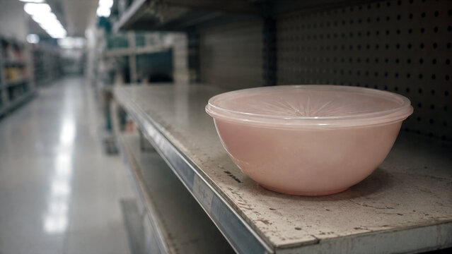Single vintage plastic food storage bowl with lid on a nearly empty store shelf, representing retail shortage, scarcity and changing consumer demand