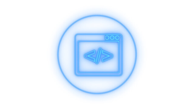 Colorful neon web development coding icon showing browser window with code tag inside a circle isolated on transparent background for software programming designs.