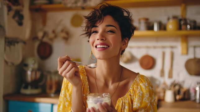 Shot of beautiful happy woman eating a yoghurt while looking forwards in the kitchen at home