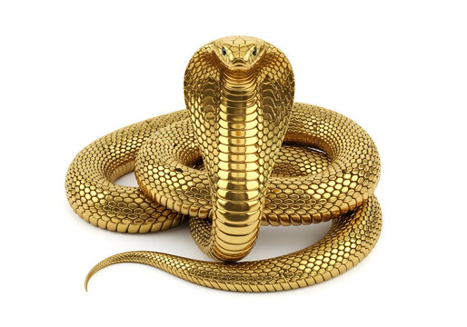 Detailed close up of a golden snake sculpture coiled in a circular shape.