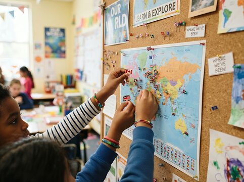Children learning geography by pinning locations on a world map in a classroom setting.