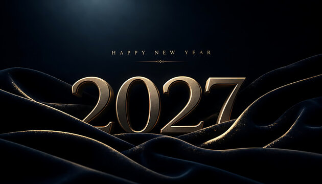 Happy new year 2027 luxury banner with elegant gold numbers emerging from black silk fabric (89 characters)