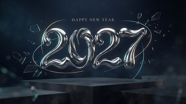 Happy new year 2027 banner with liquid chrome silver 3D numbers floating over podium (86 characters)