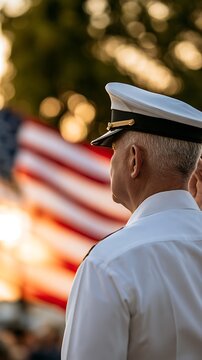 Rear side view of elderly military veteran in white uniform saluting american flag at sunset