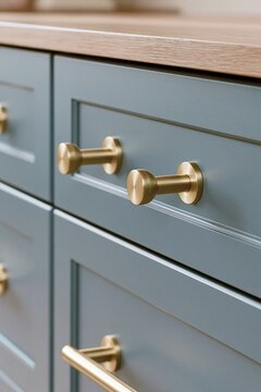 Modern Brass Cabinet Knobs and Drawer Pulls on Slate Blue Shaker Cabinets with Oak Countertop