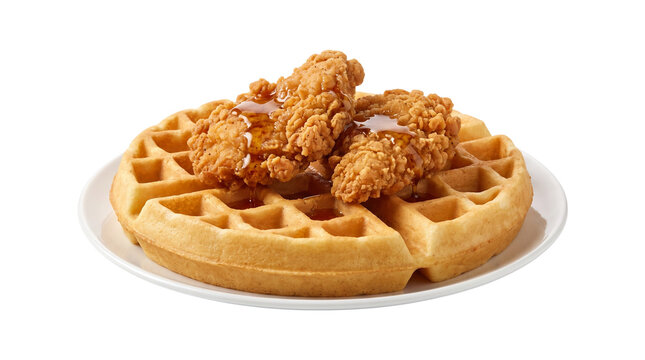 Crispy fried chicken and waffles with maple syrup, golden brown belgian waffle breakfast, southern soul food on white plate