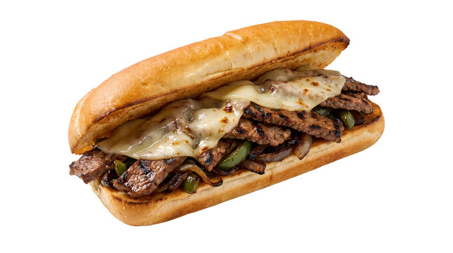 Philly cheesesteak sandwich with melted provolone cheese, grilled steak hoagie with peppers and onions, savory beef sub on white background