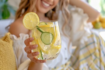 Fototapeta premium Refreshing Summer Drink with Lemon and Cucumber in Glass Held by Smiling Woman