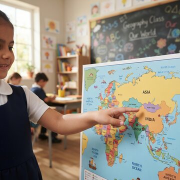 Young schoolgirl pointing at world map during geography lesson in classroom.