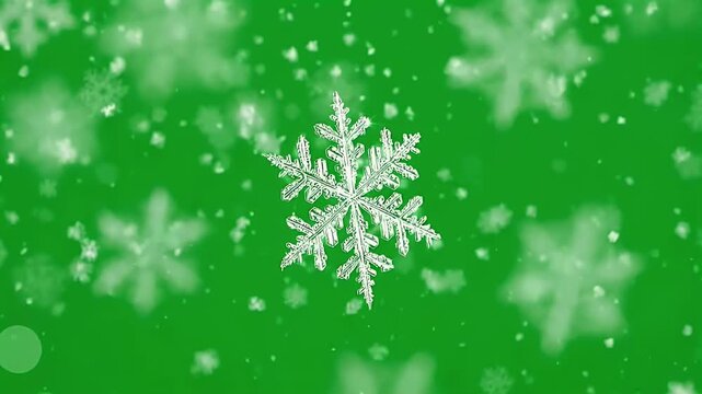 Detailed ice crystal snowflake falling with blurred snowflakes on green screen