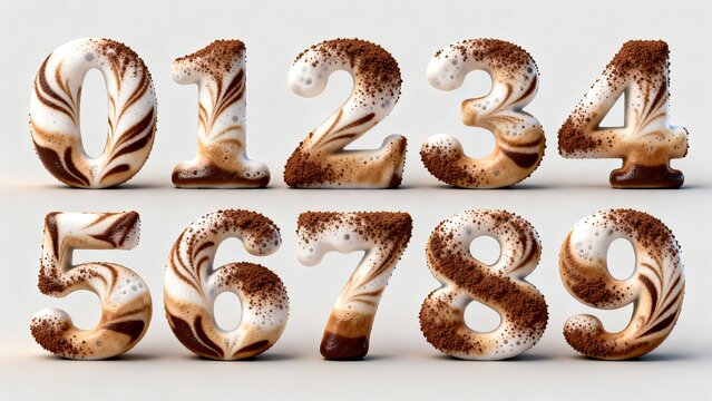 3D dimensional coffee latte art texture numbers 0 to 9 on light background, silky liquid typography with milk foam and cocoa powder, suitable for cafe and dessert theme layout.