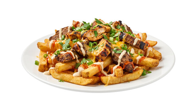 Gourmet loaded fries with grilled steak and melted cheese. Crispy french fries topped with beef, herbs, and sauces. Savory appetizer on white plate.