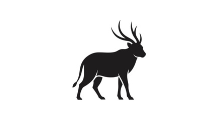 Fototapeta premium Minimalist black silhouette of a majestic deer with large antlers isolated on white background.