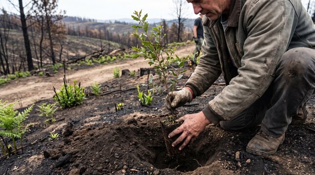 Volunteer planting new tree seedling in a forest area destroyed by wildfire.