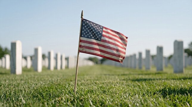American flag waving over rows of white headstones in a military cemetery for veteran day commemoration ceremony