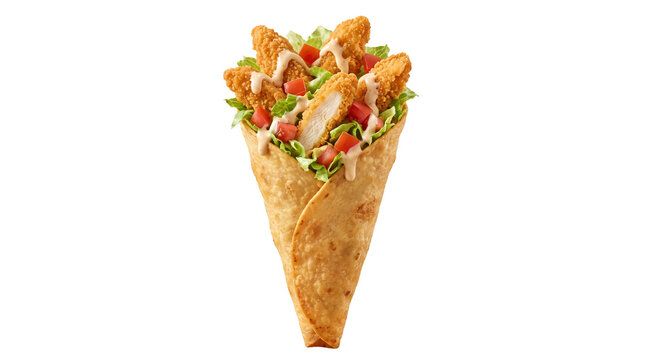 Crispy chicken wrap cone with fresh lettuce and tomatoes. Fried chicken strips in tortilla wrap. Fast food snack on white background.