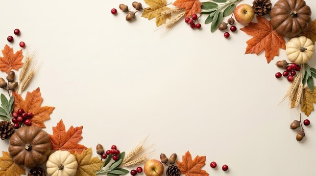 Autumn harvest border with pumpkins maple leaves and berries for seasonal design