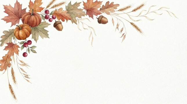 Autumn harvest corner border with pumpkins maple leaves berries and acorns