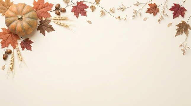 Autumn harvest pumpkin with maple leaves and acorns border on a light background