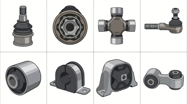 Comprehensive Collection of Automotive Drivetrain Joints Vector Icons Featuring Ball Joints, CV Joints, Universal Joints, Tie Rod Ends, and Engine Mount Bushings.