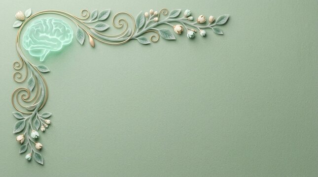 Ornate Filigree Vine and Botanical Brain Corner on Sage Green Background