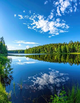 A serene lake reflects the bright blue sky and lush green forest under a cloudy day.