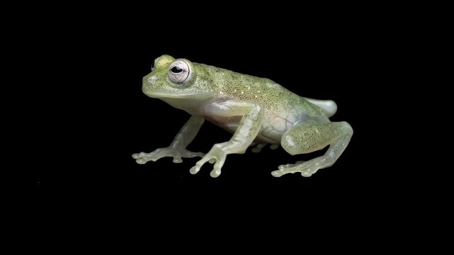 Close up of a glass frog walking slowly forward