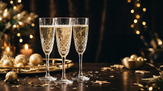 Three glasses of champagne on dark table with gold festive decorations and bokeh lights (87 characters)