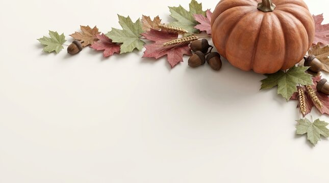 Orange pumpkin with colorful autumn leaves and acorns as a seasonal border frame