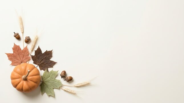 Small orange pumpkin with autumn leaves and wheat stalks in a corner border