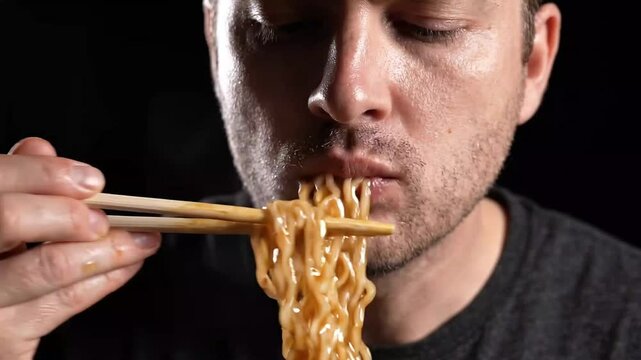 Close Up of Man Eating Hot Instant Ramen Noodles with Chopsticks