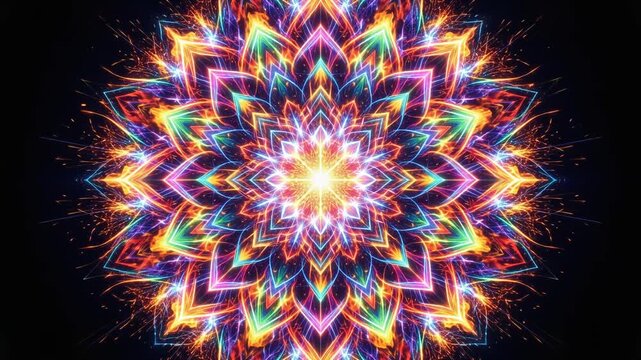 迫力ある激アツ幾何学的な虹色エネルギー花ループ背景