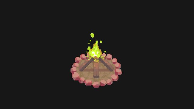 bonfire with stone animation in pixel art style with black screen background