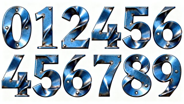 3D dimensional blue metal plate numbers 0 to 9 on white background, industrial style typography with vintage scratches and screws, suitable for mechanical retro and industrial design layout.