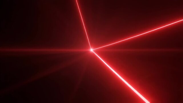 Red laser beams converge on a central point in a dark environment.