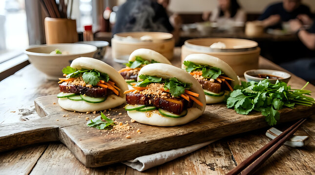 Gua bao pork belly sliders with cucumber and cilantro served on a rustic wooden board steamed buns asian cuisine street food braised pork savory snack fusion food pork slider