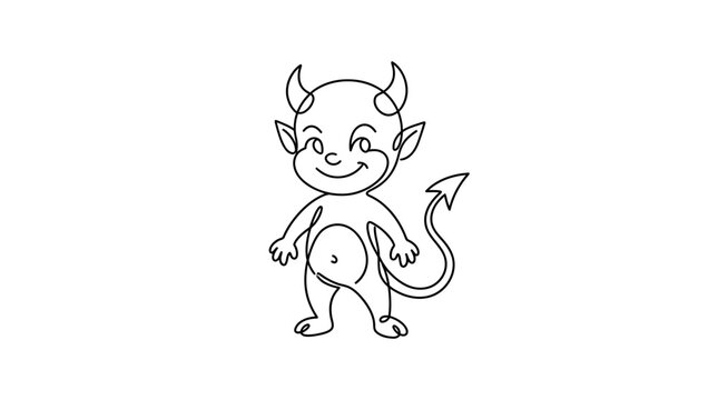 Continuous line drawing of a cute little devil character