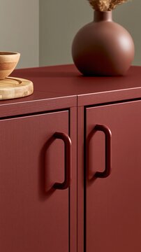 Close-up of a modern red cabinet with unique curved handles and decorative vase