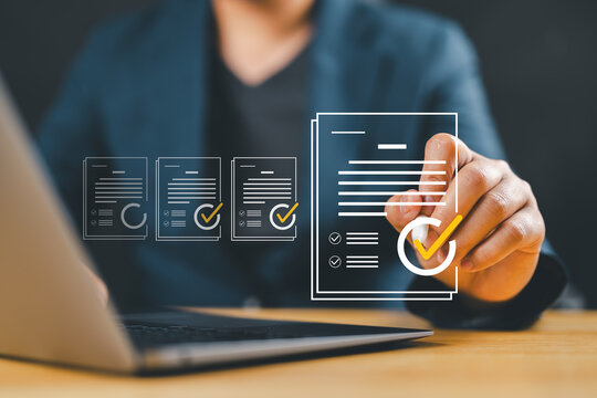 Business Performance Checklist, Businessman Conducting Online Survey on Laptop, enhancing business performance with a comprehensive checklist.